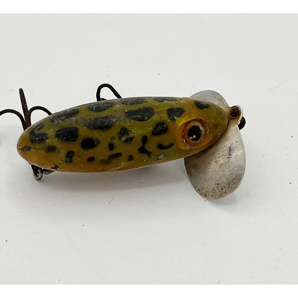 2 Vintage Fred Arbogast Jitterbug Fishing Lures Frog Pattern Topwater Bass Akron